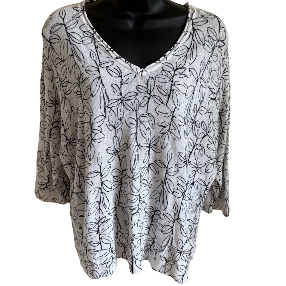 Soft Girl Minimalist Linen Blend Leaf Print V Neck Top White Black Oversized‎ S
